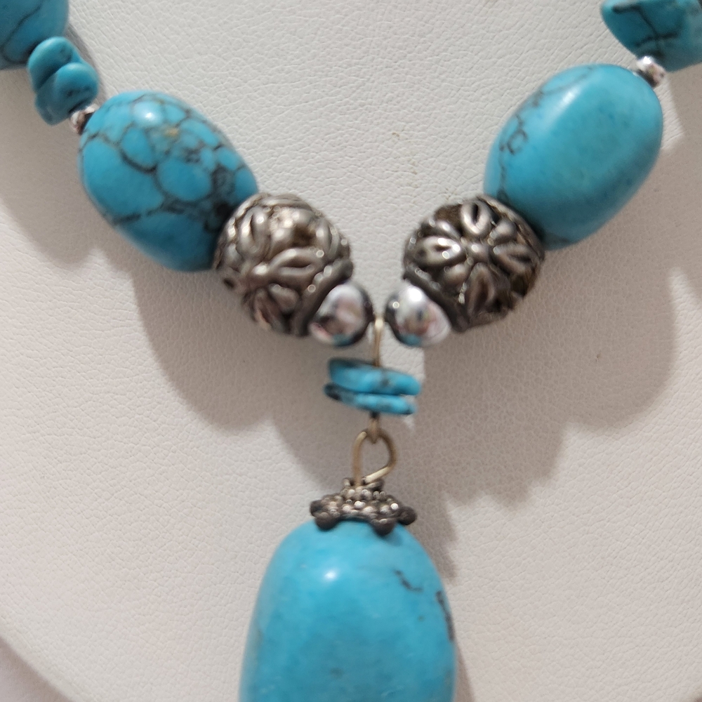 VINTAGE Turquoise Beaded Necklace Sterling Silver - Picture 3 of 7